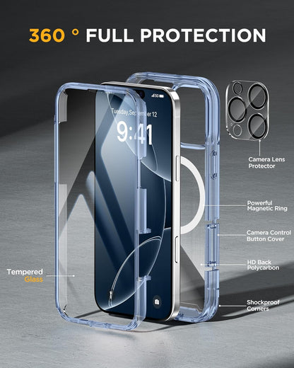 Miracase Magnetic for iPhone 16 Pro Case Full-Body Phone with Built-in Glass Screen Protector, [Compatible with MagSafe] Military Drop Proof 16 Pro Cover Bumper 6.3 inch, Clear Blue