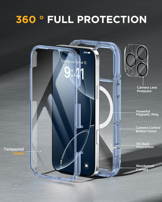 Miracase Magnetic for iPhone 16 Pro Case Full-Body Phone with Built-in Glass Screen Protector, [Compatible with MagSafe] Military Drop Proof 16 Pro Cover Bumper 6.3 inch, Clear Blue