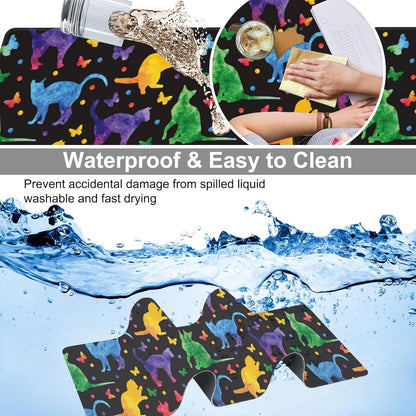 Colorful Cats and Butterflies Desk Mat,Large Watercolor Kittens Butterfly Gaming Keyboard Mouse Pad,Non-Slip Rubber Base Desk Pad Thick Stitched Edges Waterproof Mousepad Mouse Mat 31.5"x11.8"