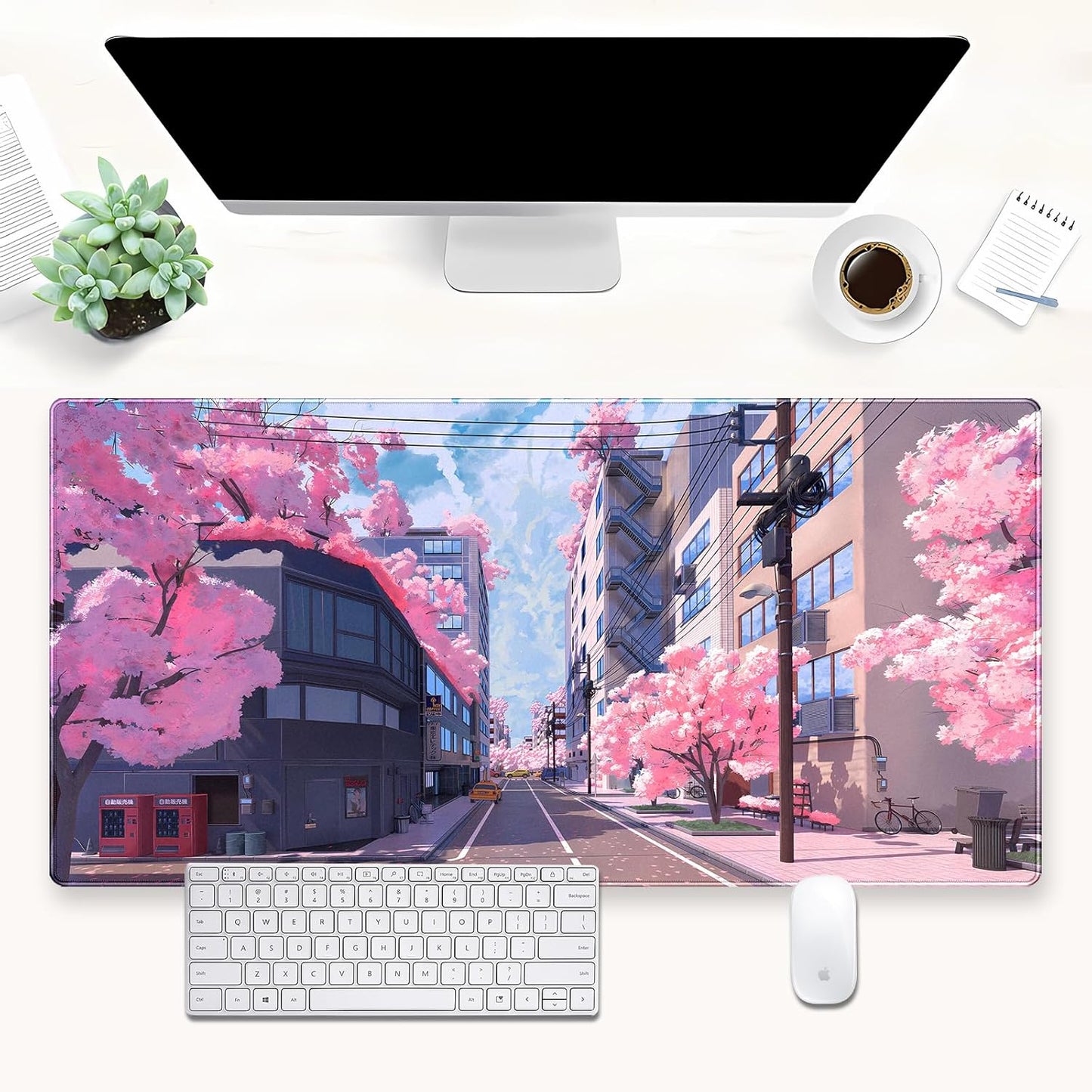 Japanese Cherry Blossom Mouse Pad, Pink Cute Desk Mat Extended XL Large Full Desk Gaming Mousepad 31.5''X15.7'' Computer Laptop Desk Pad Keyboard and Mouse Mat for Office Desktop Decoration