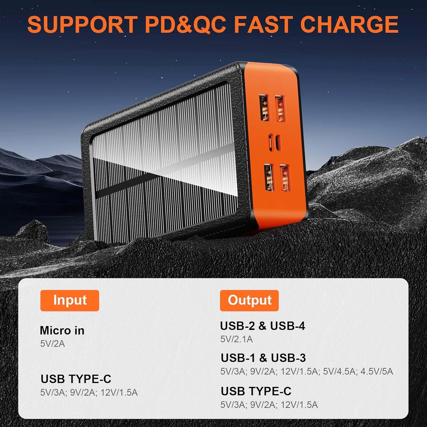 Solar Power Bank 66800mAh Portable Charger with USB-C in/Output 22.5W QC3.0 Fast Charging 5 Out Ports Battery Pack Built-in 32 Led Flashlights for Cell Phone Camping and Hilking