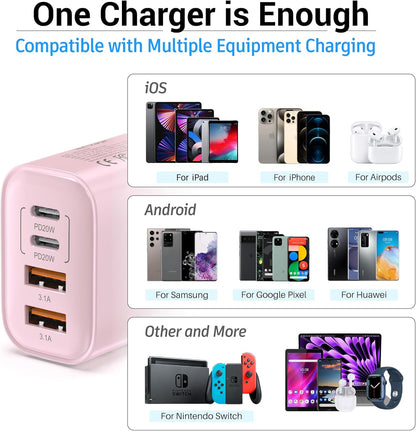 USB C Block 40W, 4 Ports Wall Plug Fast Charging Block, PD+QC Multiport Power Adapter USB C Charger Type C for iPhone 16,15,14,13,12,11, Pro Max, X, Xr, Xs, 8, 7, Watch, Galaxy Phones (Pink 1Pack)