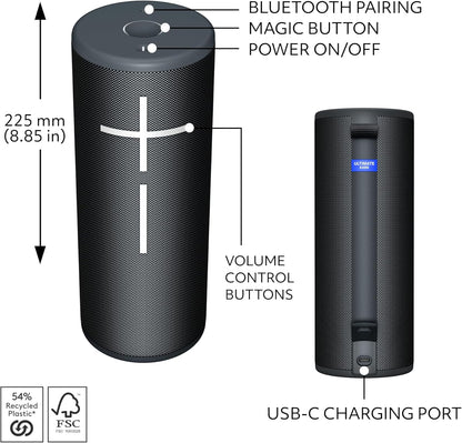 Ultimate Ears MEGABOOM 4 Portable Waterproof Bluetooth Speaker, 360-Degree Sound, Thundering Bass, 147ft Range, 20-Hour Battery, Floating Speaker - Black