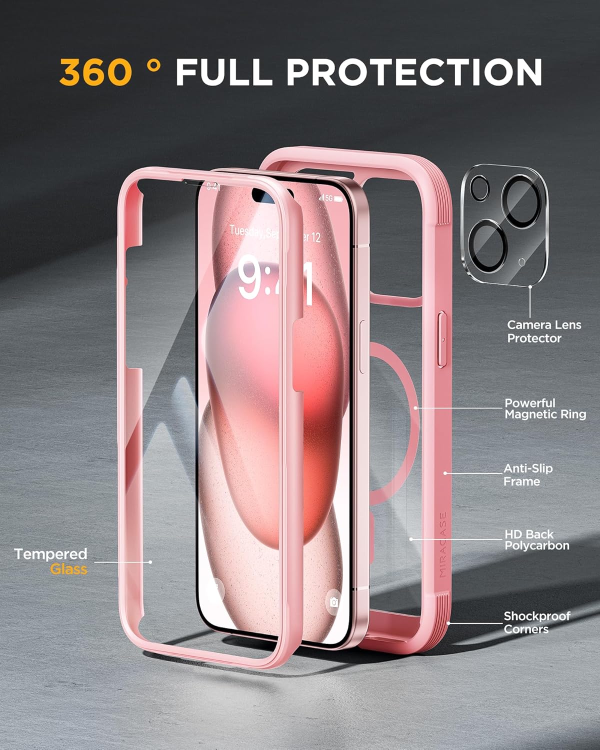 Miracase Magnetic for iPhone 15 Plus Case 6.7'' [Compatible with Magsafe] Full-Body Military Drop Proof 15 Plus Phone Case Cover with Built-in 9H Tempered Glass Screen Protector,Magnetic Pink