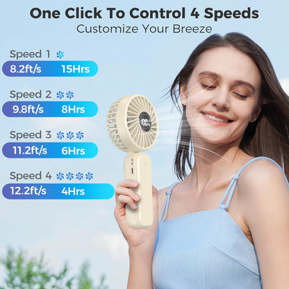 Portable Handheld Fan, 5000mAh Rechargeable Battery, Max 15H Cooling, 4 Speeds, LED Display, Foldable Design, 3-IN-1 Personal Pocket Fan with lanyard for Travel Outdoors Makeup Concert Commute