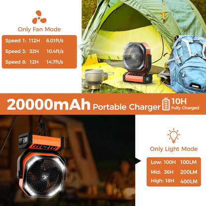 Camping Fan with Light - 20000mAh Rechargeable Battery Fan, 112Hrs Max Run Time, 8 Speeds, Digital Display, Timer, Auto Oscillation, 270° Pivot & Hook for Camping, Power Outage, Hurricane (Orange)