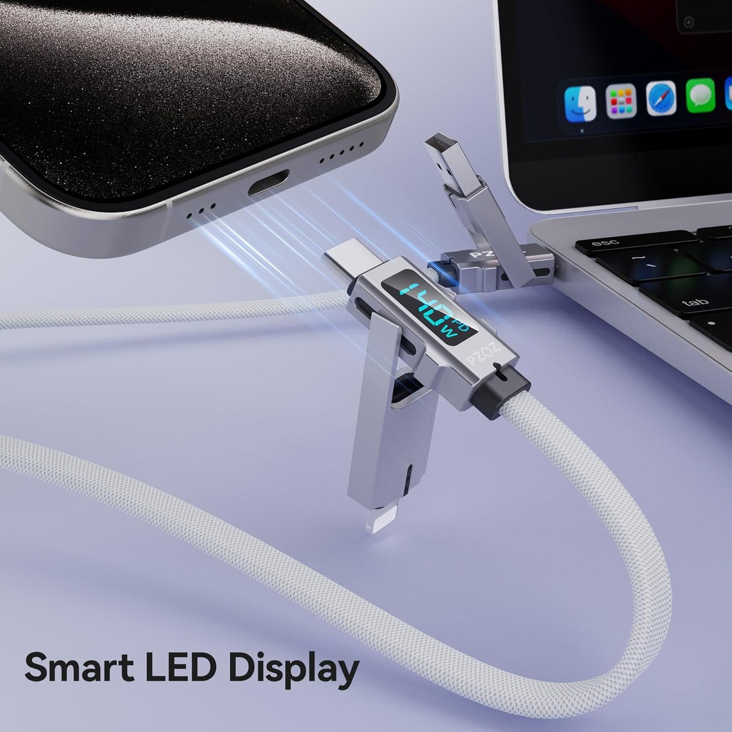 pzoz 4-in-1 USB C Fast Charging Cable with LED Display, Multi USBC Charger Combo Lightning/Type C/USB A Metal Ports for iPhone 16/15/14 Pro Max iPad MacBook AirPods Pro Samsung Google (140W, 5 ft)