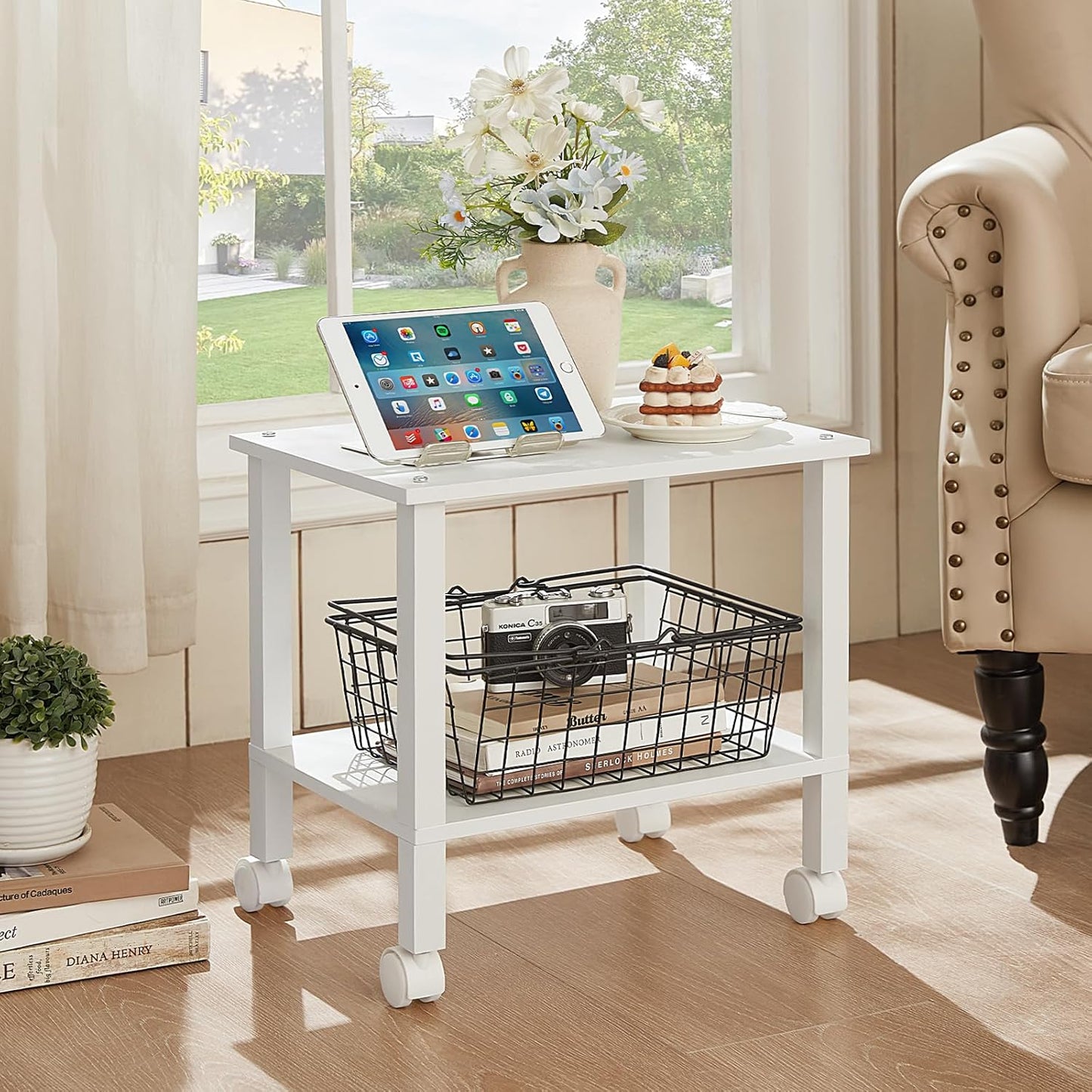 2 Tier Printer Stand with Storage,Under Desk Shelf Printer Table, Rolling Printer Cart for Office,Home,White