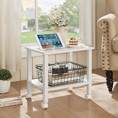 2 Tier Printer Stand with Storage,Under Desk Shelf Printer Table, Rolling Printer Cart for Office,Home,White