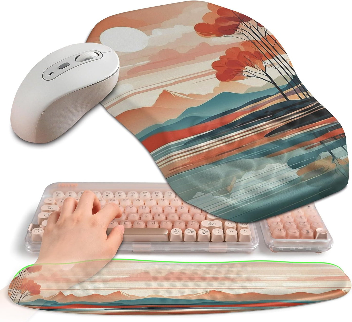 2-in-1 Ergonomic Set, Wave Keyboard Wrist Rest and Massage Slope Mouse Pad Wrist Support, Rebound Memory Foam for Relieve Carpal Tunnel Syndrome and Wrist Pain (Landscape)