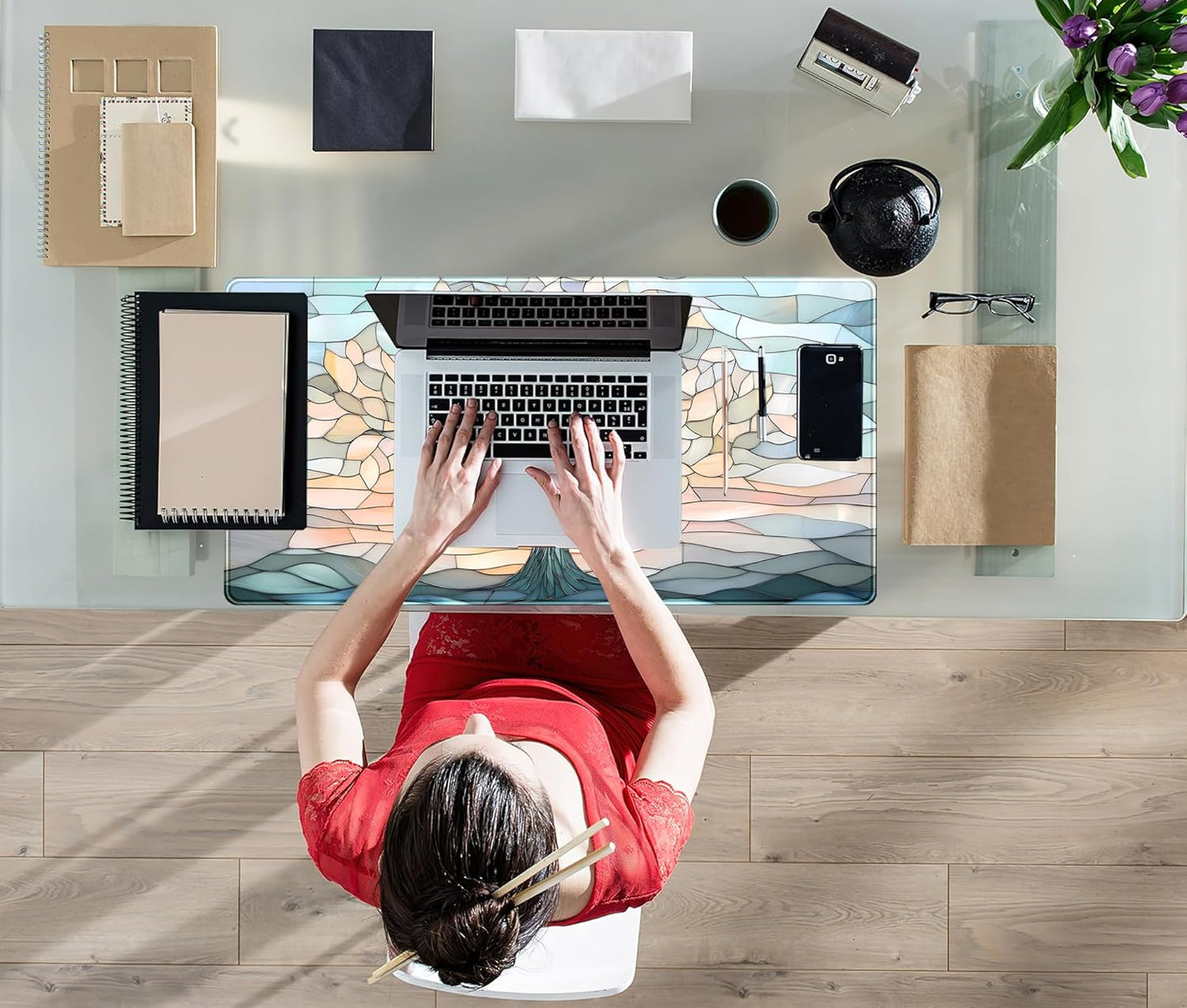 Desk Mat Cute Tree of Life Mouse Pad Gaming XXL Large Extended Desk Matt for Desktop, Faux Stained Glass Pastel Desk Pad, Laptop Computer Keyboard Mouse Mat, Office Decor Deskamt, 31.5x15.75 in