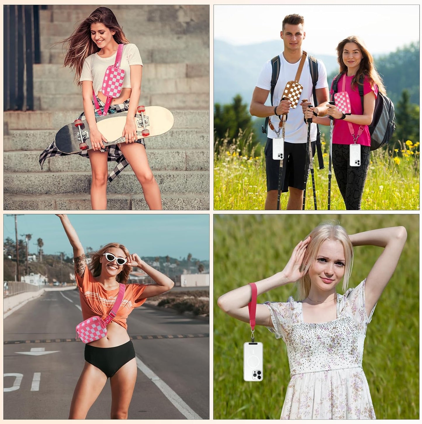 Clip and Go Strap for Phone with Wallet Crossbody, Adjustable Phone Lanyard with Detachable RFID Wristlet Wallet, Phone Strap with Phone Tabs for All Phones, Pink Checkered (L)