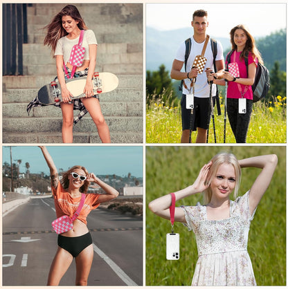 Clip and Go Strap for Phone with Wallet Crossbody, Adjustable Phone Lanyard with Detachable RFID Wristlet Wallet, Phone Strap with Phone Tabs for All Phones, Pink Checkered (L)