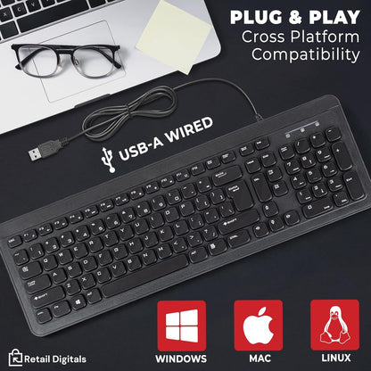 Wired USB Keyboard | Full-Sized | Ergonomic | Soft Typing | QWERTY Layout | Black