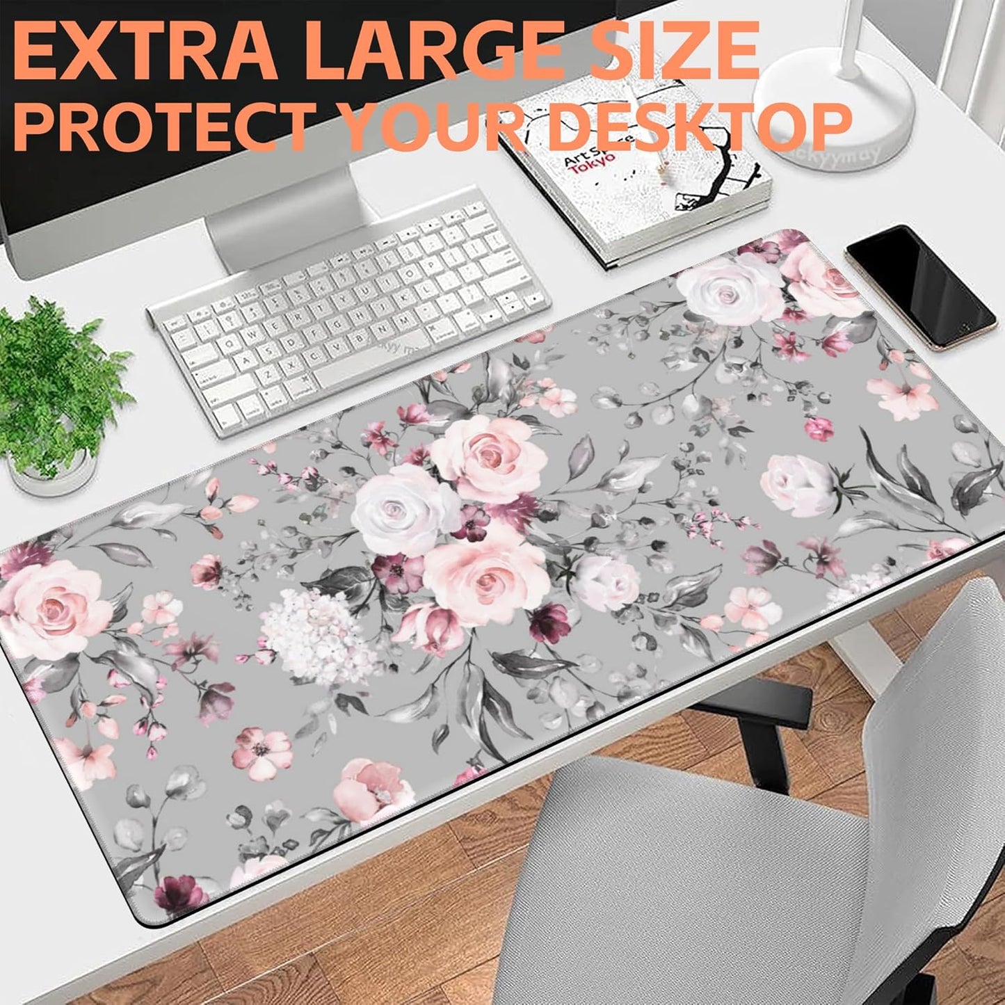 Mouse Pad Large Watercolor Rose Non-Slip Gaming Desk Mat with Stitched Edge Laptop Keyboard Desk Pad for Work Home Gaming (35.4 x 15.7 Inches)