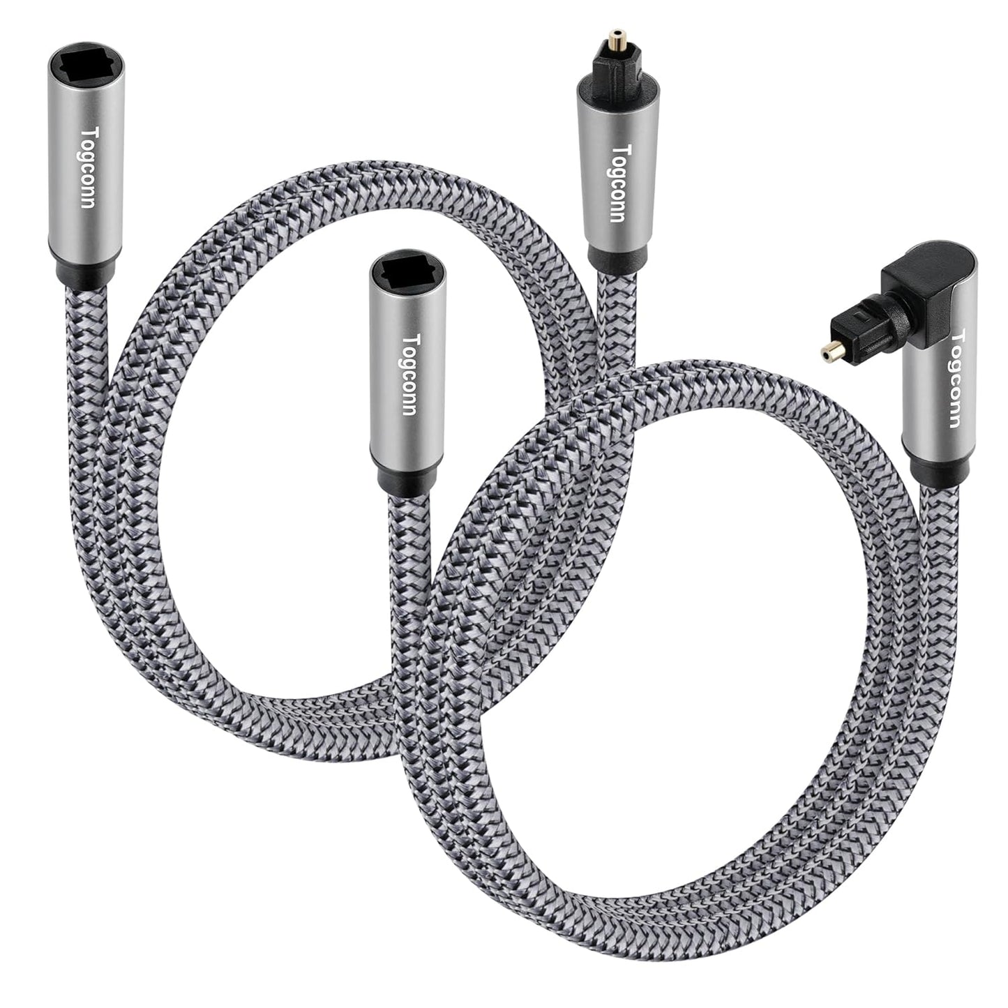 Optical Extension Fiber Digital Cable Adapter 2 Feet（2 Pack）, 90 Degree Right Angle & Straight Male to Female Coupler, Toslink Audio Cable, Nylon Braided for Home Theater, Soundbar, TV and More
