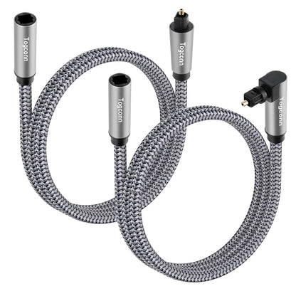 Optical Extension Fiber Digital Cable Adapter 4 Feet（2 Pack）, 90 Degree Right Angle & Straight Male to Female Coupler, Toslink Audio Cable, Nylon Braided for Home Theater, Soundbar, TV and More