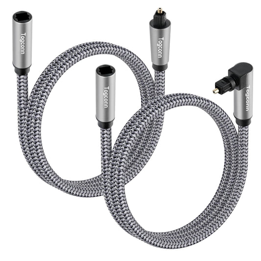 Optical Extension Fiber Digital Cable Adapter 4 Feet（2 Pack）, 90 Degree Right Angle & Straight Male to Female Coupler, Toslink Audio Cable, Nylon Braided for Home Theater, Soundbar, TV and More