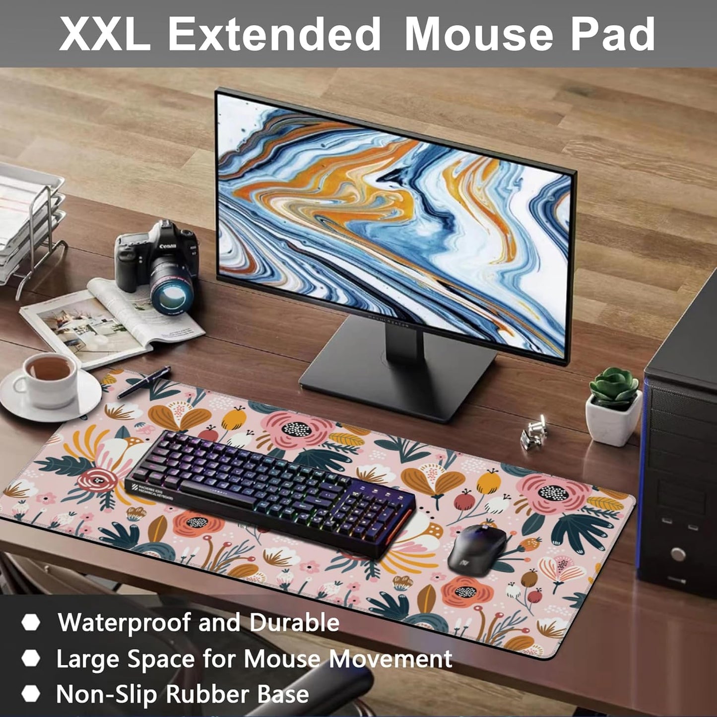 Mouse Pad, Large Colorful Flowers and Berries Desk Mat, Extended Non-Slip Gaming Keyboard Mousepad Desk Pad, Thick Stitched Edges Waterproof Mouse Mat 31.5"x15.7" (Beautiful Floral Plants)