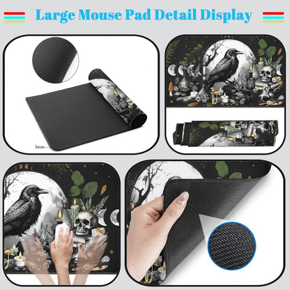 Cute Kawaii Raven Desk Mat XXL Large Extended Gaming Mouse Pad Nature Forest Gothic Mousepad with Stitched Edges, Anime Skull Laptop Keyboard and Mouse Mat Desk Pad for Work Game 31.5x15.7 in
