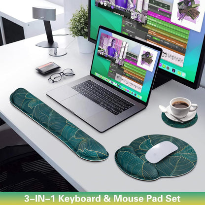 Mouse Pad with Wrist Rest Set, 3-in-1 Wrist Support Mousepad Set, Gaming Mat Pad with Anti-Skid Base,Ergonomic Mouse Pad Green,Memory Foam Gel Wrist Rest for Computer Keyboard