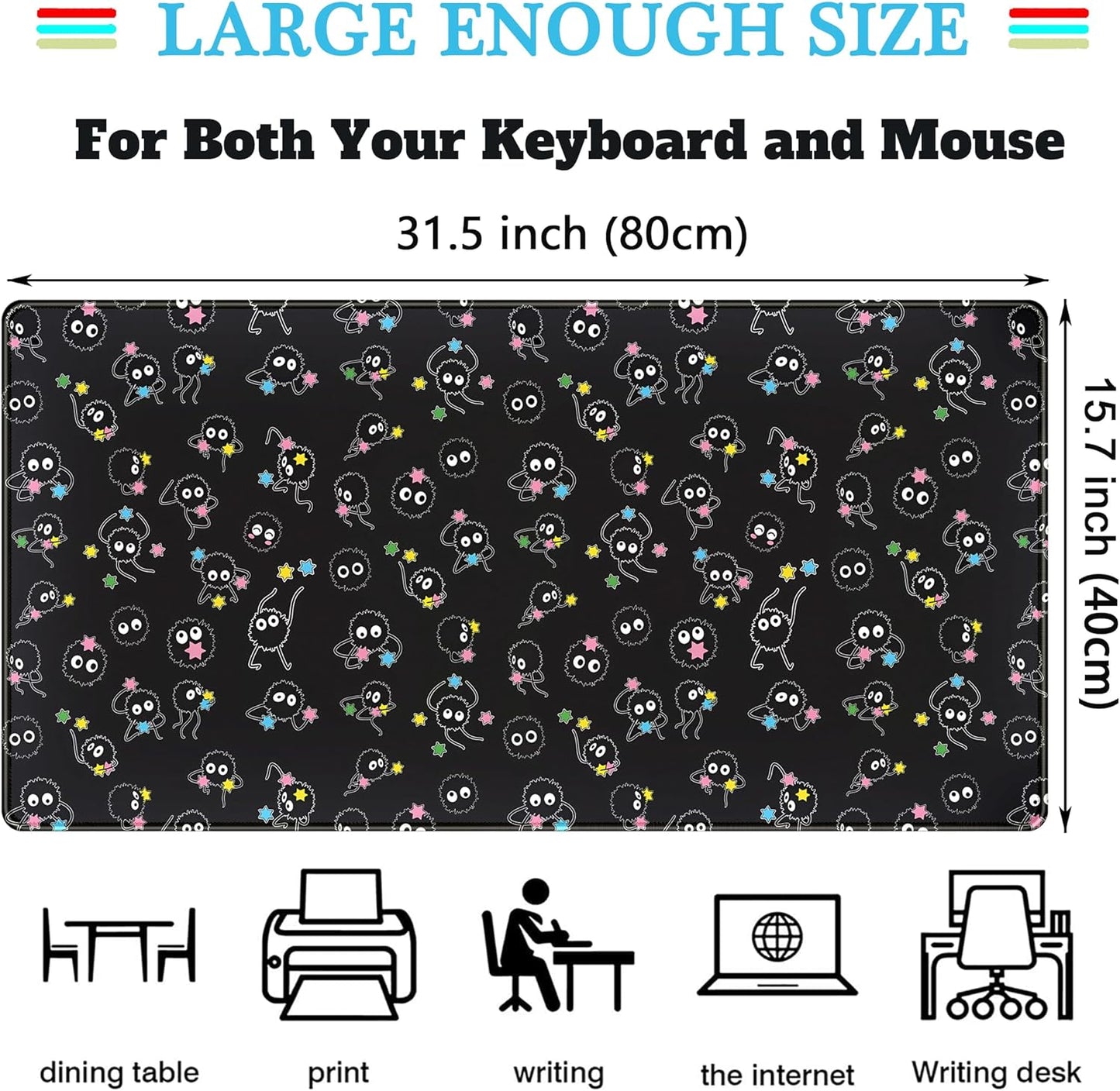 Desk Mat Cute Black Anime Sprite Gaming Mouse Pad XXL Large Extended Kawaii Laptop Keyboard Mouse Mat with Stitched Edges, Non-Slip Computer Desktop Mat for Women Office Desk Decor 31.5x15.7 in