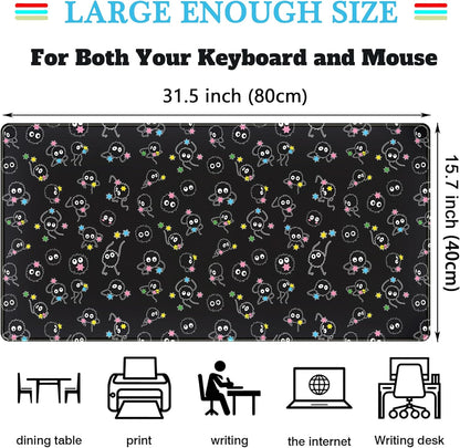 Desk Mat Cute Black Anime Sprite Gaming Mouse Pad XXL Large Extended Kawaii Laptop Keyboard Mouse Mat with Stitched Edges, Non-Slip Computer Desktop Mat for Women Office Desk Decor 31.5x15.7 in