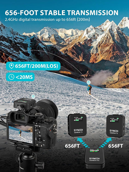SYNCO Wireless Microphone System with Charging Case, G2A2 MEGA Dual Transmitter 8GB Storage of 24H 656ft Video Recording Streaming for Camera/Phone/PC/Laptop, Wireless-Lav-Mic-for-Camera