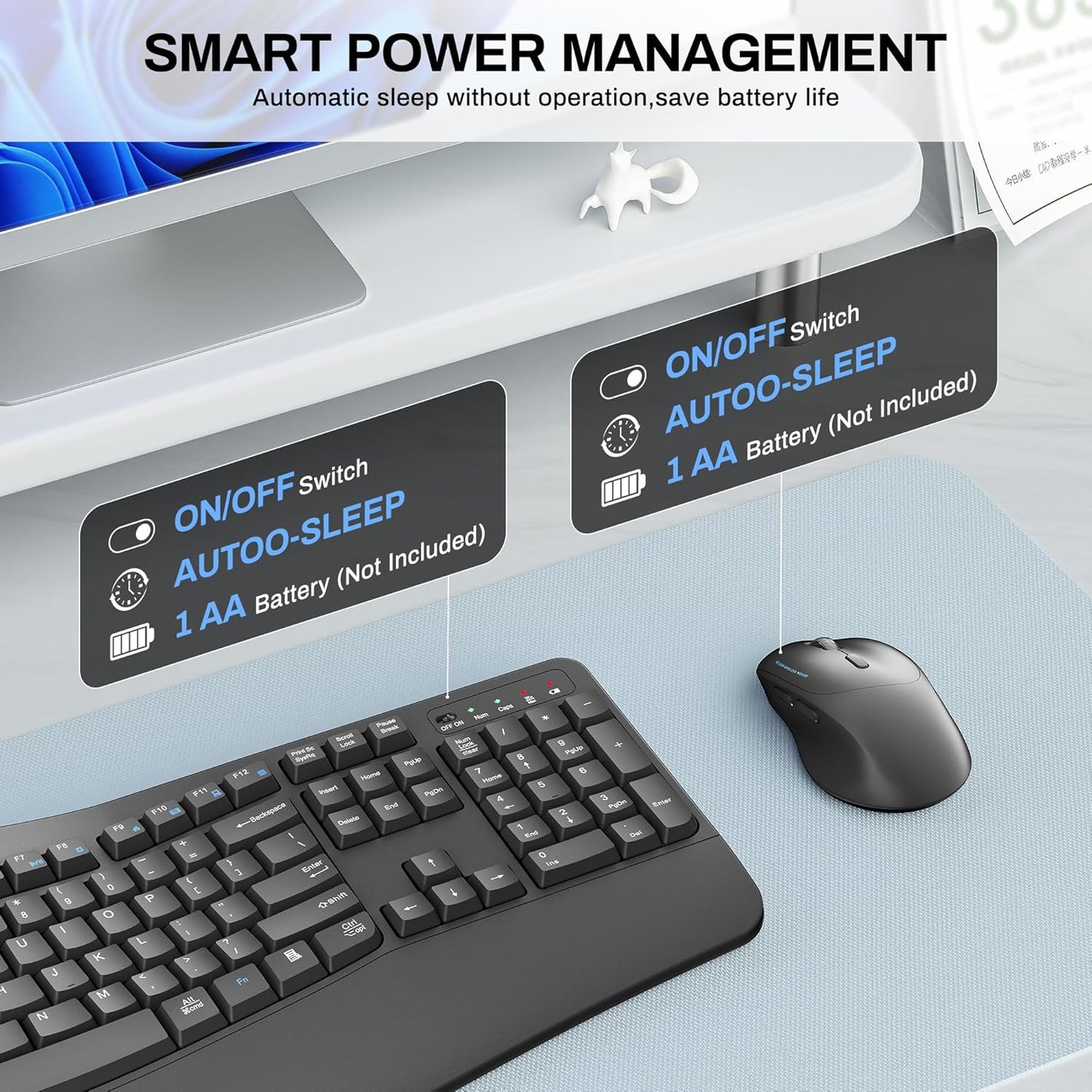 Wireless Keyboard and Mouse Combo,2.4G Full Size Wave Keys Ergonomic Keyboard with Wrist Rest for Natural Typing, 3 DPI Adjustable Ergonomic Silent Mouse for Computer/Laptop/Windows/Mac (Grey)