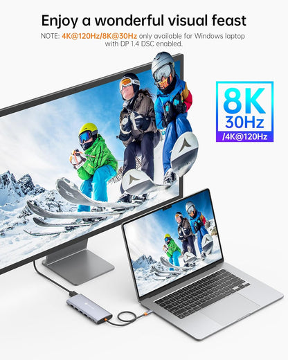 NOVOO USB C Docking Station Dual Monitor for Laptop, 14 in 1 Hub Adapter Thunderbolt 3 to Dual 4K60 HDMI+8K30 DP USB C/A Data 100W PD RJ45 SD/TF Audio