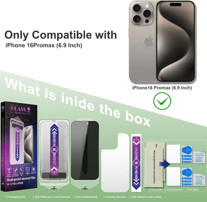 2 Pack Privacy Screen Protector for iPhone 16 Pro Max 6.9-Inch Auto Dust Removal, No Bubbles,Anti-Spy Tempered Glass Film, Easy Installation