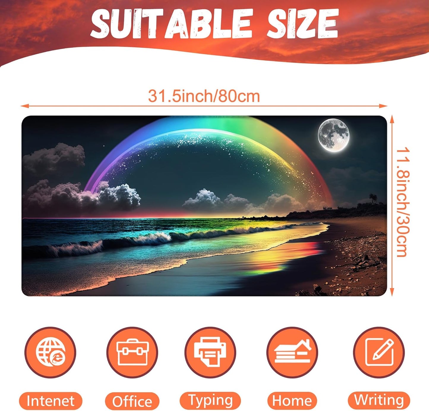 Desk Mat, Rainbow and Full Moon Desk Pad, Beach at Night Large Gaming Mouse Pad for Desk, 31.5"x15.7" Extended Big Computer Keyboard Mouse Pad with Non-Slip Base and Stitched Edge