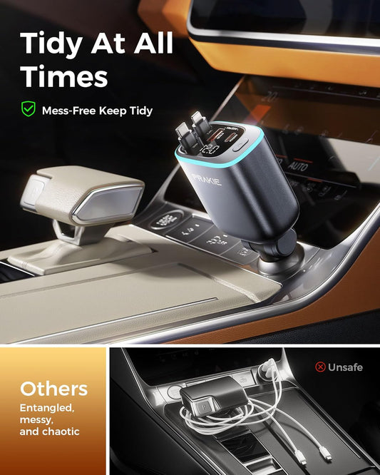 iPhone Car Charger, Retractable Fast USB C Phone Charger, 4 in 1 Cigarette Lighter Adapter with 2 Cables 30 Inch and 2 USB Ports, Multi Port USB Car Charging for iPhone 16/15/14/13/Pro Max