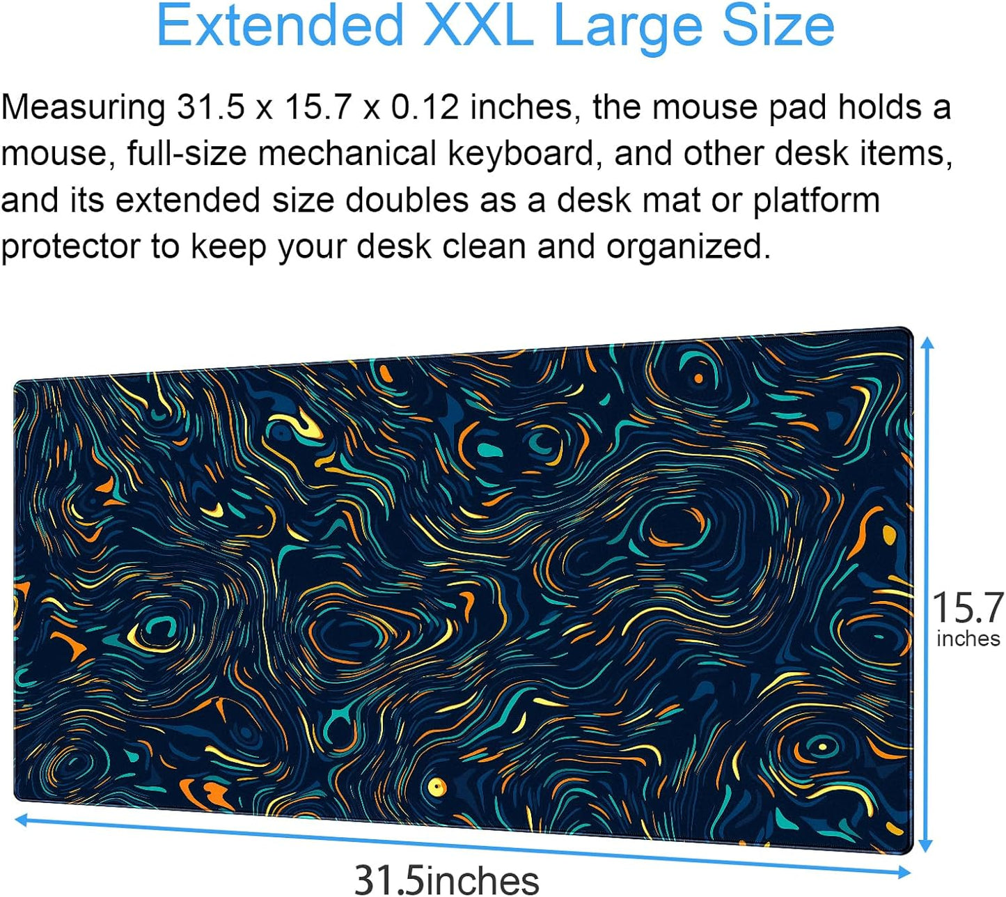 Abstract Starry Sky Swirl Gaming Desk Mat - XXL Large Mouse Pad for Keyboard & Mouse with Stitched Edges, 31.5" x 15.7" Colorful Art
