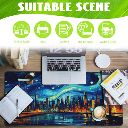 Desk Pad,City Starry Night Desk Mat,Abstract Oil Painting Large Gaming Mouse Pad for Desk,Extended Big Computer Keyboard Mouse Pad with Non-Slip Base and Stitched Edge,35.4"x15.7"