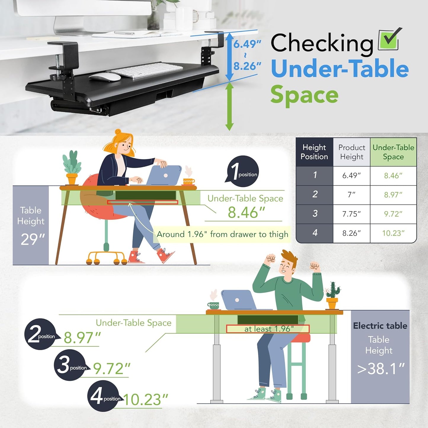 EHO Keyboard Tray with Drawer - Clamp On Under Desk Pull Out Extender Table Attachment Platform with Storage Organizer, Large 27.5" (31.8" Including Clamps) x 12.2", Height Adjustable for Home Office