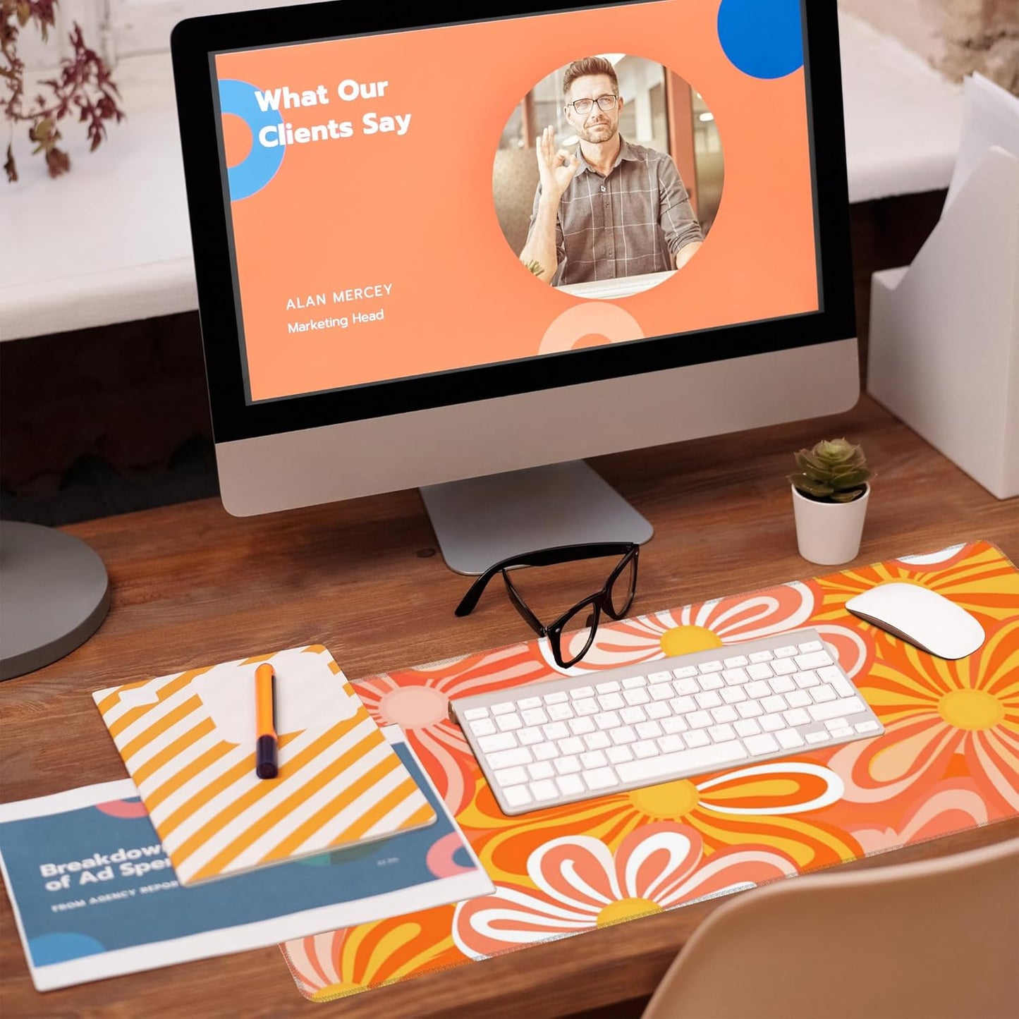 Desk Pad - Hippie Vintage Orange Flowers Desk Mat, Retro Floral Large Gaming Mouse Pad with Non-Slip Base and Stitched Edge, 31.5"x11.8"