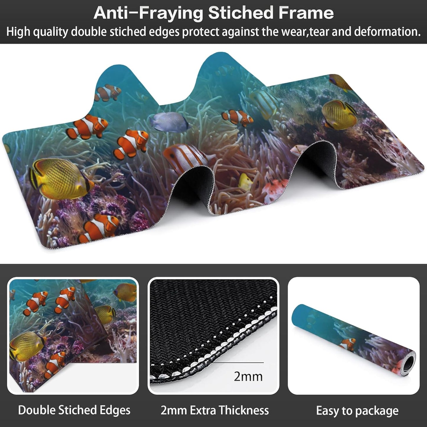 Vibrant Underwater World Desk Mat,Large Tropical Fishes on Coral Reefs Gaming Keyboard Mouse Pad,Non-Slip Rubber Base Desk Pad Thick Stitched Edges Waterproof Mousepad Mouse Mat 31.5"x11.8"