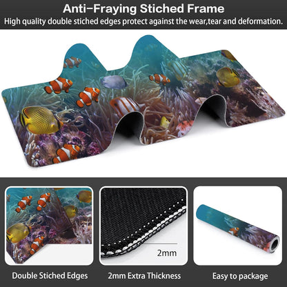 Vibrant Underwater World Desk Mat,Large Tropical Fishes on Coral Reefs Gaming Keyboard Mouse Pad,Non-Slip Rubber Base Desk Pad Thick Stitched Edges Waterproof Mousepad Mouse Mat 31.5"x11.8"