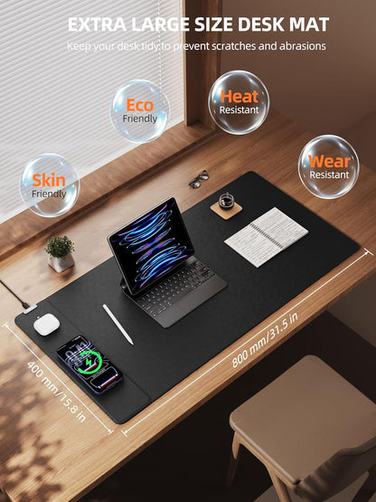 TopMade Mouse Pad with 15W Wireless Charging, XXL Large Leather Desk Mat, Waterproof Gaming Mousepad Home Office Desk Pad Protector, Computer Keyboard Pad, Mouse Mat for for MacBook, PC, Laptop, Black