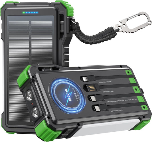 BLAVOR 45W Solar Charger Power Bank - 74000mwh Wireless Portable Charger Built-in Cables, PD QC Fast Charging Battery Pack with USB C for Cell Phones, Dual Flashlight & Carabiner for Camping, Hiking