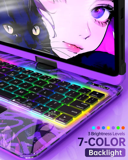 Intermerge for Clear iPad Pro 13" (M4) 2024 Case with Keyboard, 360° Multi-Touch Trackpad, 7-Color RGB Backlit Keyboard, Pencil Holder, Type-C, Power Indicator - Neon Pulse