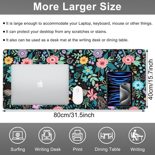 Mouse Pad, Large Colorful Flowers and Plants Desk Mat, Extended Non-Slip Gaming Keyboard Mousepad Desk Pad, Thick Stitched Edges Waterproof Mouse Mat 31.5"x15.7" (Beautiful Floral)