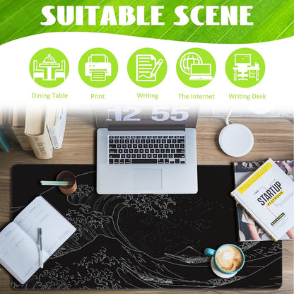Desk Mat, Black Japanese Sea Wave Desk Pad, Extended Big Computer Keyboard Mouse Pad with Non-Slip Base and Stitched Edge, 35.4"x15.7"