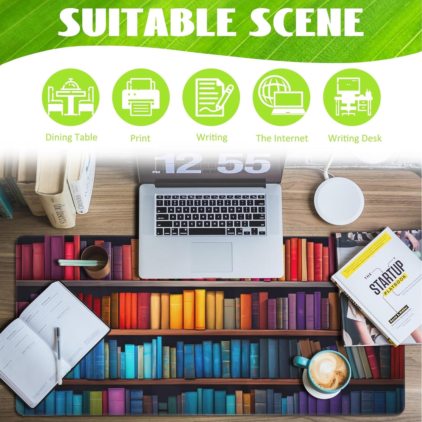 Large Gaming Mouse Pad for Desk,Bookshelves Full of Books Desk Mat,Colorful Books Desk Pad,Extended Big Computer Keyboard Mouse Pad with Non-Slip Base and Stitched Edge,35.4"x15.7"