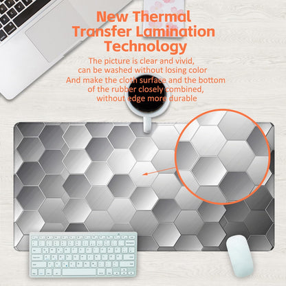 Large Gaming Mouse Pad for Desk, Silver Technology Honeycomb Desk Mat, Sci-Fi Honeycomb Desk Pad, 31.5"x15.7" Extended Big Computer Keyboard Mouse Pad with Non-Slip Base and Stitched Edge