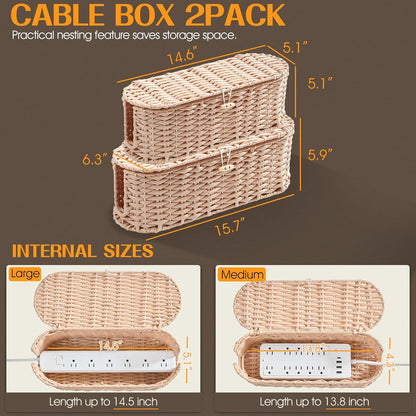 FairyHaus Cable Management Box 2Pack Cream, Handwoven Large and Small Cable Organizer Box Cover to Hide Cords and Power Strip, Imitation Wicker Cord Organizer Box Hider for Office Desk and Floor