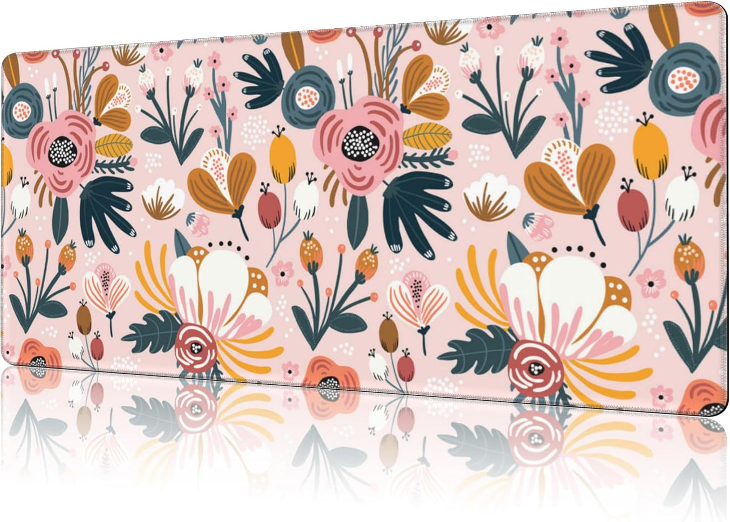 Mouse Pad Large Flowers and Leaves Non-Slip Game Desk Mat with Stitched Edge Laptop Keyboard Desk Pad for Work Home Gaming (35.4 x 15.7 Inches)