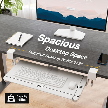 BONTEC KMT01 Under Desk Keyboard Tray, Pull-Out Keyboard & Mouse Platform with C-Clamp, 25.6 x 11.8 in Space-Saving Ergonomic Slide-Out Drawer, White