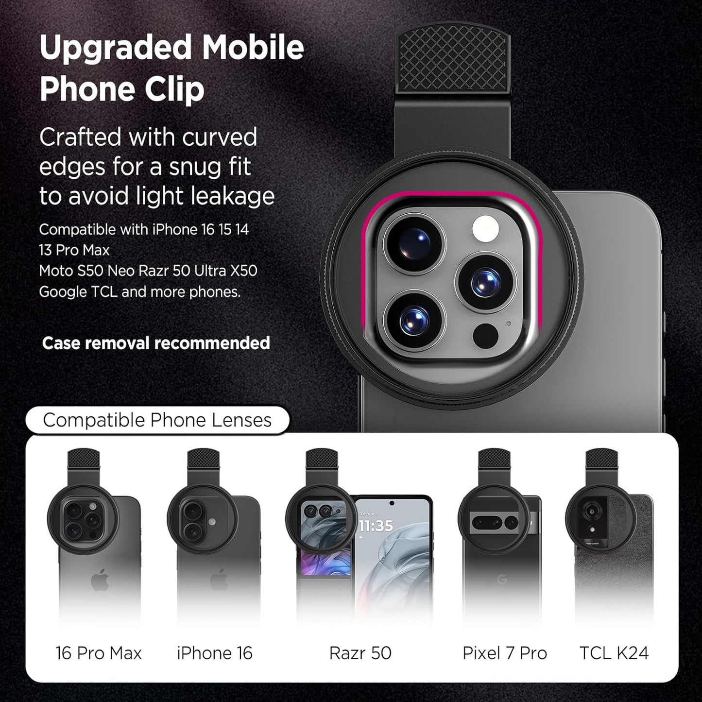 52mm Variable ND2-ND400 Filter with Upgraded Phone Clip, Neutral Density Filter Lens for iPhone 16/15/14/13 Pro Max Samsung Moto Google TCL, HD Double-Sided Multi-Coated Glass